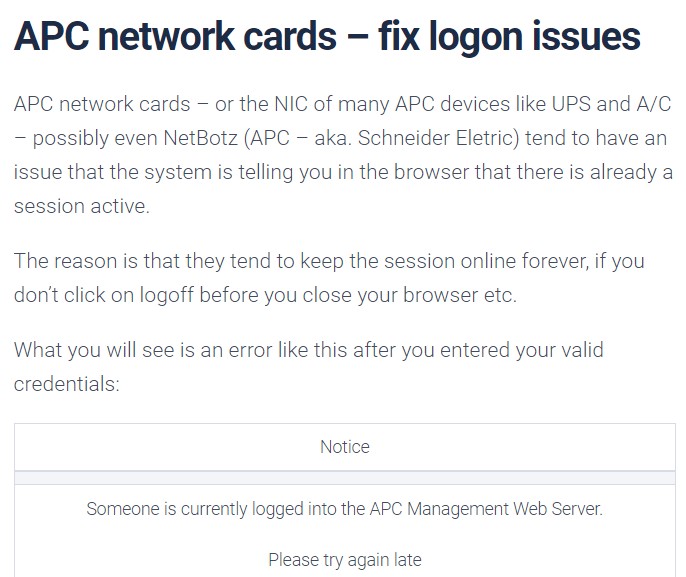 APC network cards fix logon issues ITAdmins
